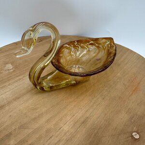 Miniature Art Glass Swan Sooner Style Dish Yellow Amber Swirl